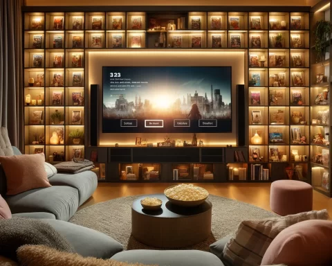 The image depicts a cozy and modern home theater setup, ideal for a student's movie night.