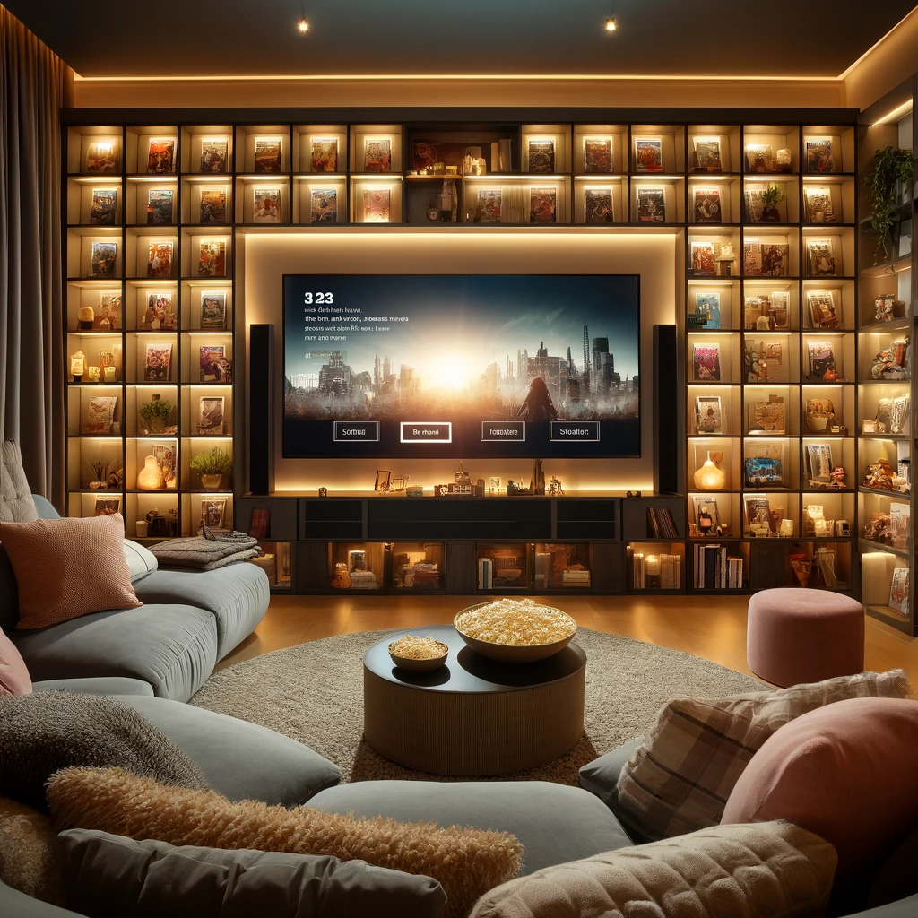 The image depicts a cozy and modern home theater setup, ideal for a student's movie night.