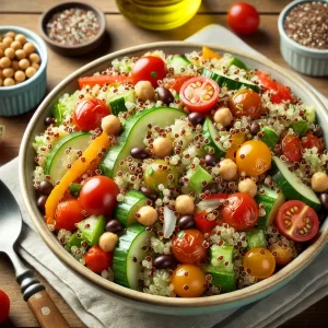 Here's the image of the quinoa salad, vibrant and fresh with a mix of colorful vegetables and beans.