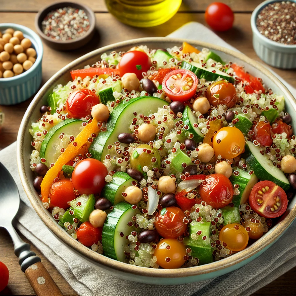 Here's the image of the quinoa salad, vibrant and fresh with a mix of colorful vegetables and beans.