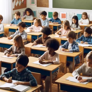 image of a classroom with students of diverse ethnicities sitting at traditional school desks.