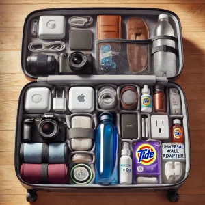 mage of an open suitcase displaying a variety of organized travel essentials.