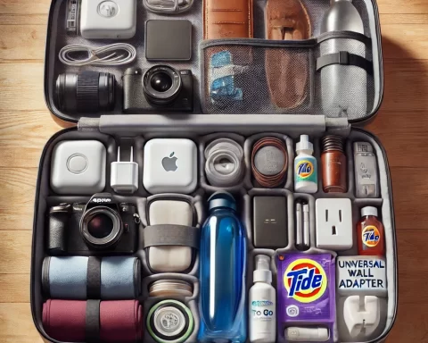 mage of an open suitcase displaying a variety of organized travel essentials.