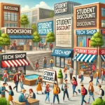 Here's the image depicting a vibrant campus scene with various businesses offering student discounts.