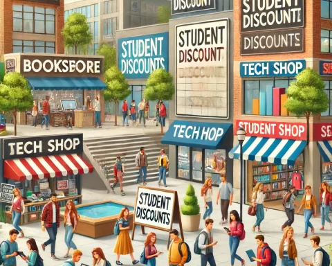 Here's the image depicting a vibrant campus scene with various businesses offering student discounts.