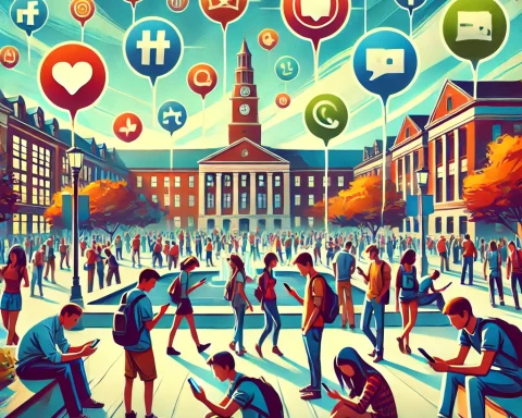 Here's the image depicting a vibrant college campus scene, capturing the essence of digital communication among students, including subtle references to social media apps like Yik Yak.