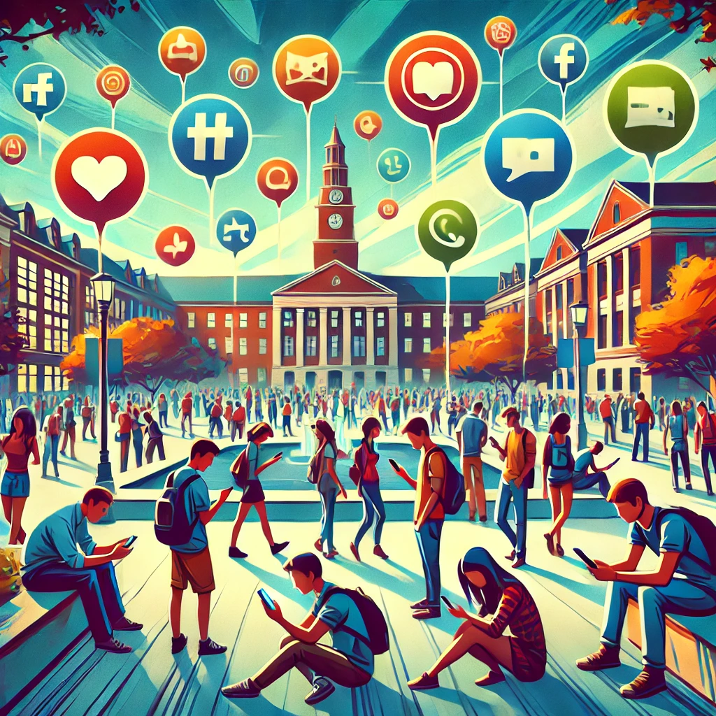 Here's the image depicting a vibrant college campus scene, capturing the essence of digital communication among students, including subtle references to social media apps like Yik Yak.