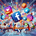Here is the image illustrating a vibrant and busy social media marketing scene, depicting diverse people engaged in various activities with large social media icons like Facebook, Instagram, and Twitter.