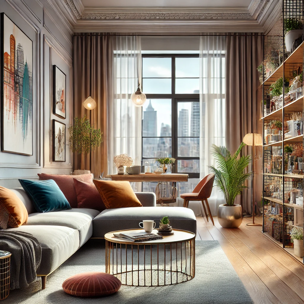 Here's the image illustrating a stylish, modern living room in an apartment. This setting shows a comfortable living space that could benefit from renters