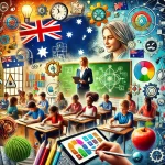Here is the image representing the vibrant and educational culture in Australian classrooms, featuring diverse students engaged in learning with modern teaching
