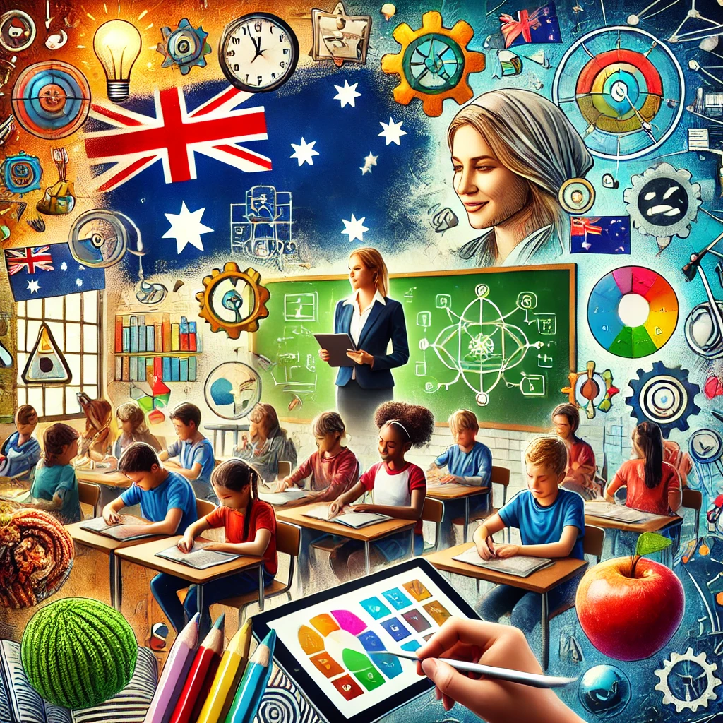 Here is the image representing the vibrant and educational culture in Australian classrooms, featuring diverse students engaged in learning with modern teaching