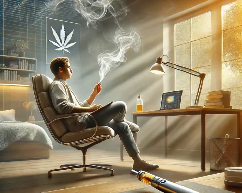 Here's the image I created based on your description of a university student balancing study and relaxation with the use of THC vape juice.