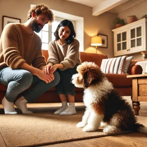 Here's the image depicting a cozy living room scene where a person and their new partner are gently trying to interact with a pet dog, possibly a Mini Bernedoodle.