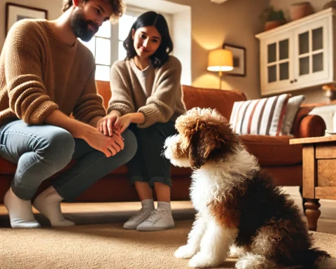 Here's the image depicting a cozy living room scene where a person and their new partner are gently trying to interact with a pet dog, possibly a Mini Bernedoodle.