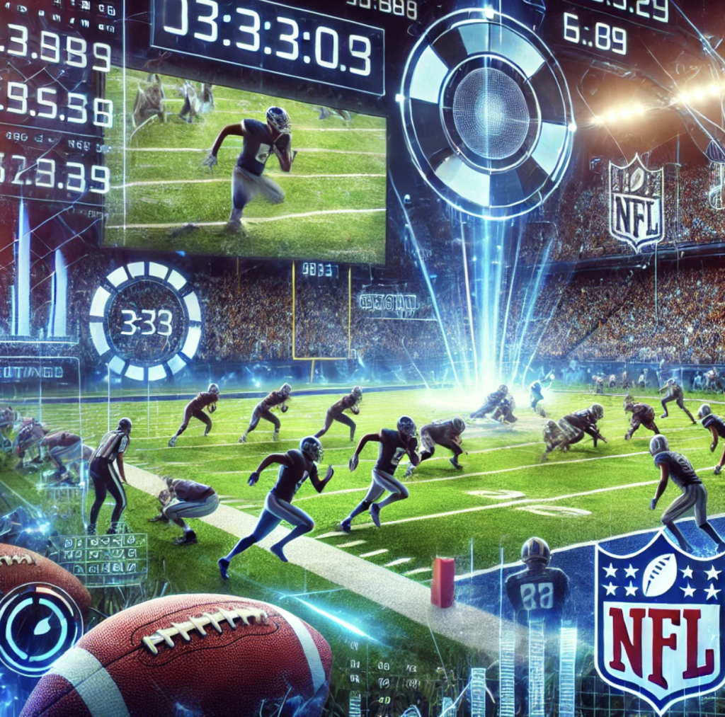 Here is the digital illustration of an NFL game intertwined with modern betting technology.