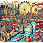 Here's the vibrant digital collage depicting activities for new students in London.