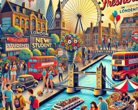 Here's the vibrant digital collage depicting activities for new students in London.