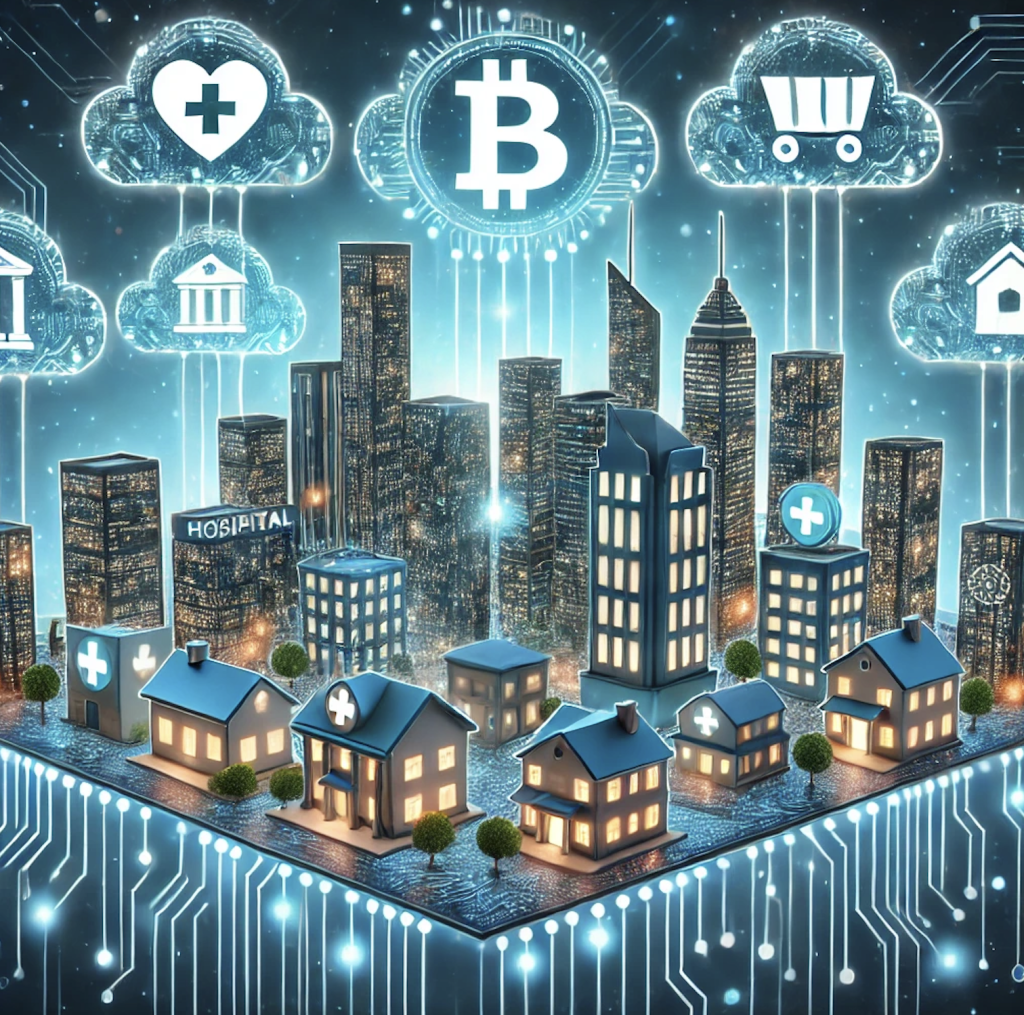 Here is the digital illustration representing the concept of cryptocurrency transforming business in 2024. The scene depicts a futuristic cityscape