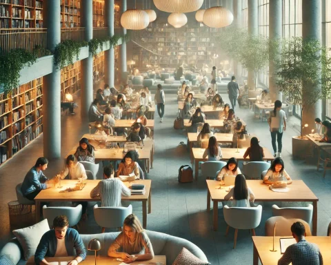 Here's the image depicting a serene college library with students studying, designed to convey a peaceful and focused atmosphere during exam season