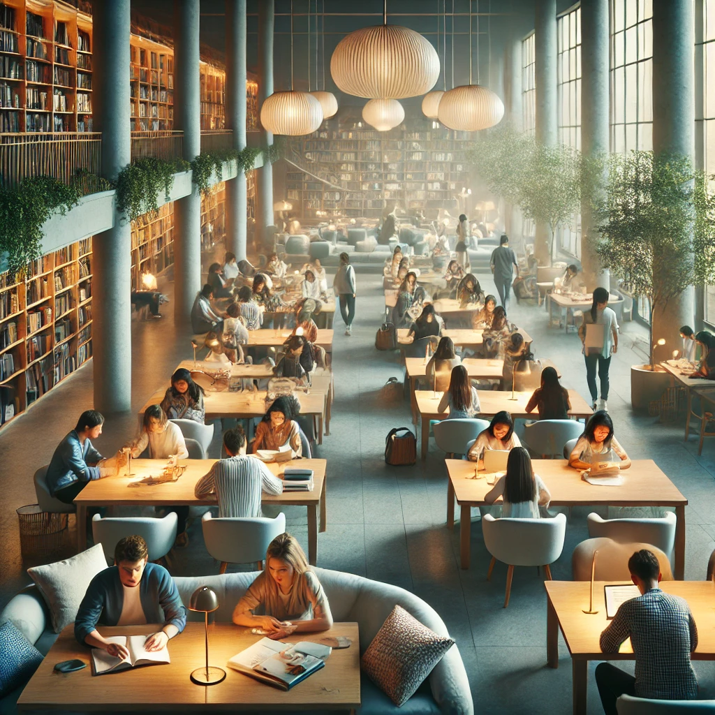 Here's the image depicting a serene college library with students studying, designed to convey a peaceful and focused atmosphere during exam season