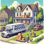 Here's the image depicting a moving day in a suburban neighborhood near Boston