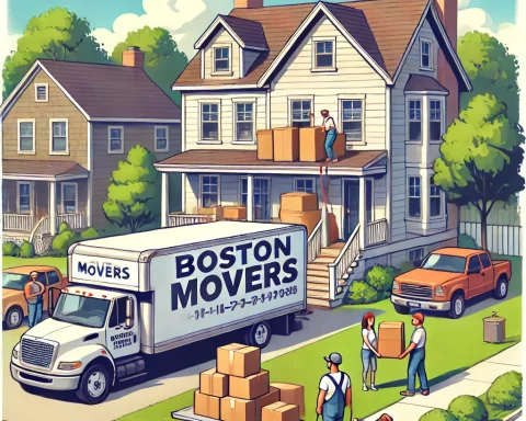 Here's the image depicting a moving day in a suburban neighborhood near Boston