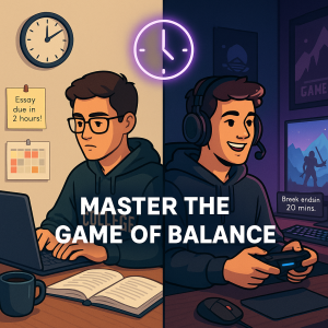 Graphic of College Students one studying the other playing video game.