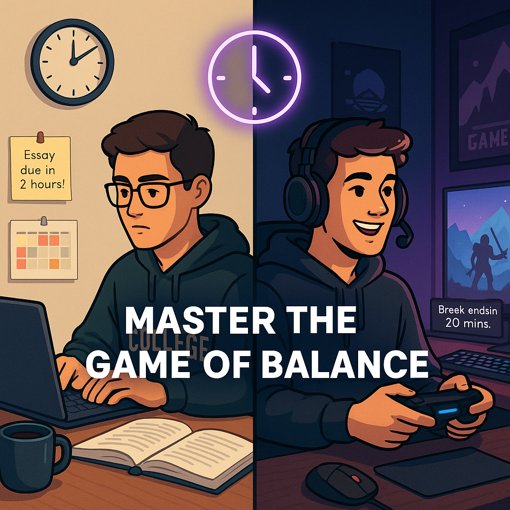 Graphic of College Students one studying the other playing video game.