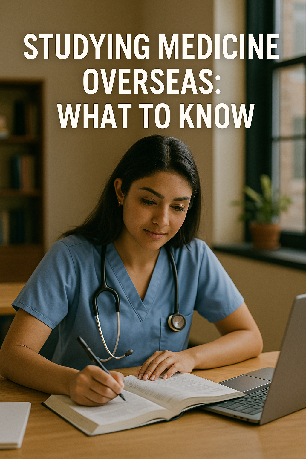 female med student wearing scrubs holding a pencil in her hand