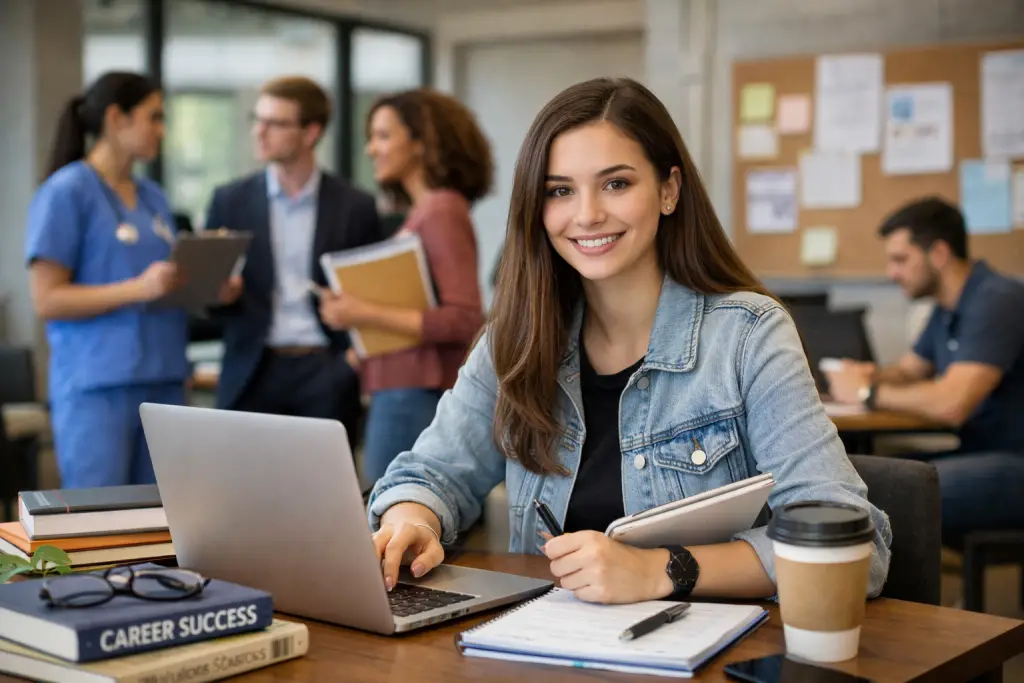 Femaie college student sitting at desk in Library